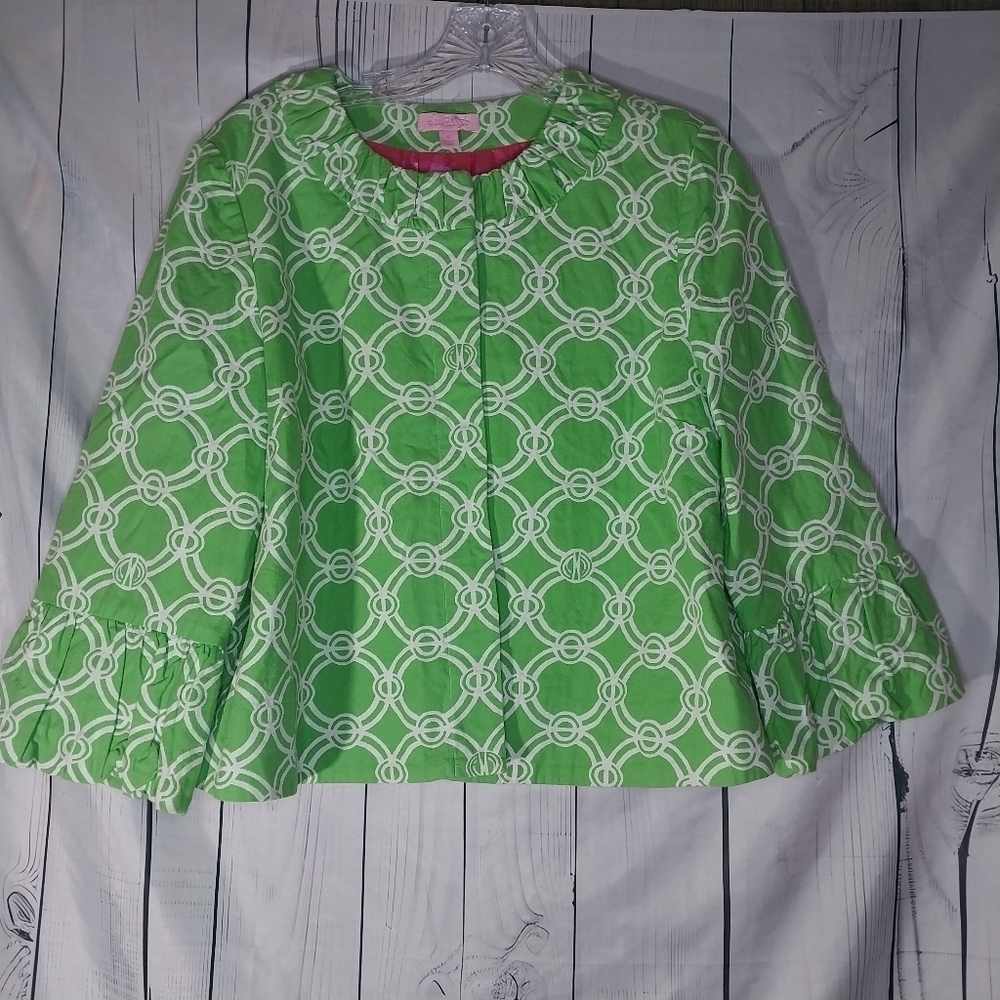 Lilly Pultizer 100% Cotton 3/4 Sleeve Preppy Geometric Cropped Swing Jacket